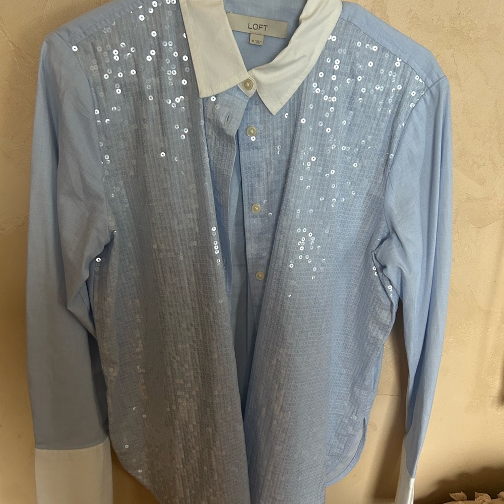LOFT Blue Sequin Button Down Shirt - image 1